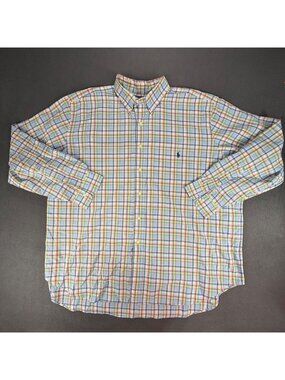 VTG Ralph Lauren Mens 2XB Classic Fit Blue Plaid Button-Down Cotton Long Sleeve